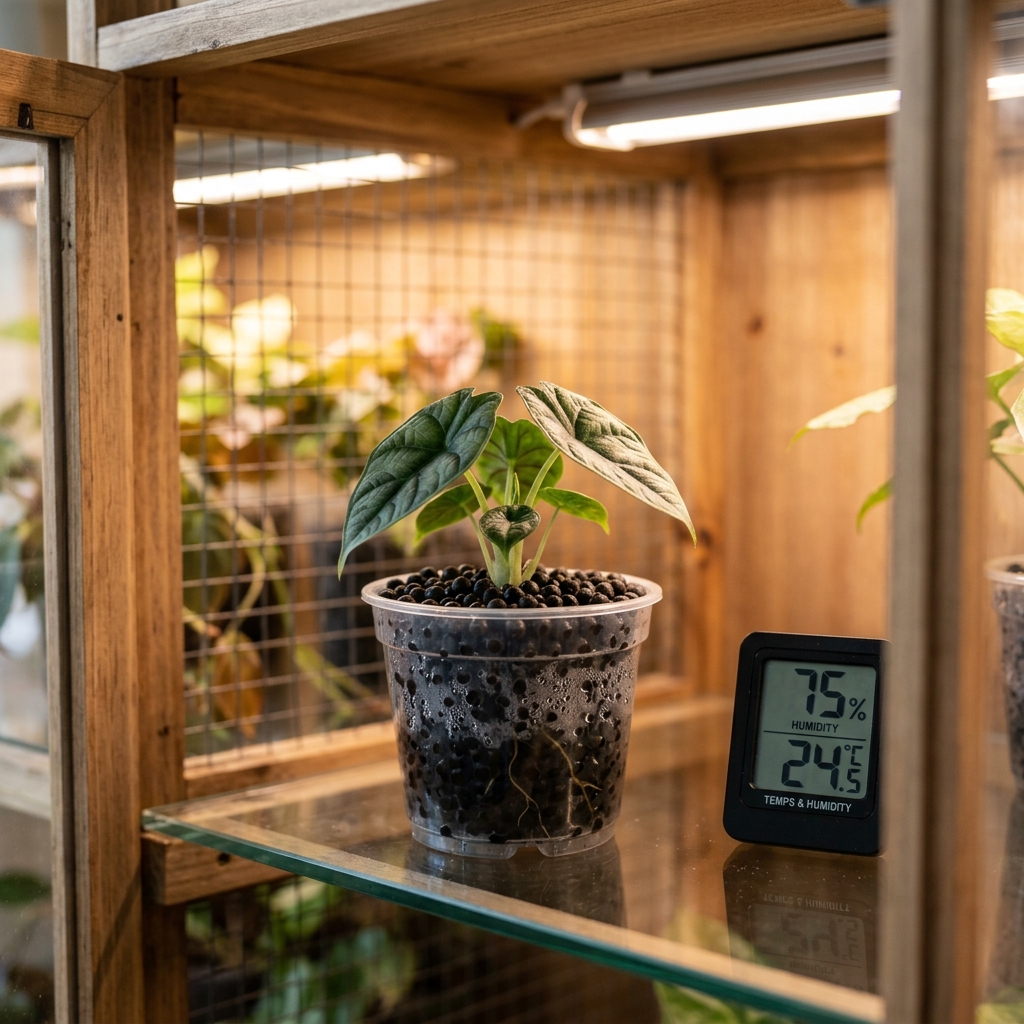 Alocasia Jacklyn plantlet inside a clear plastic pot with Fluval Stratum substrate, sitting in a greenhouse cabinet with hygrometer reading 75%
