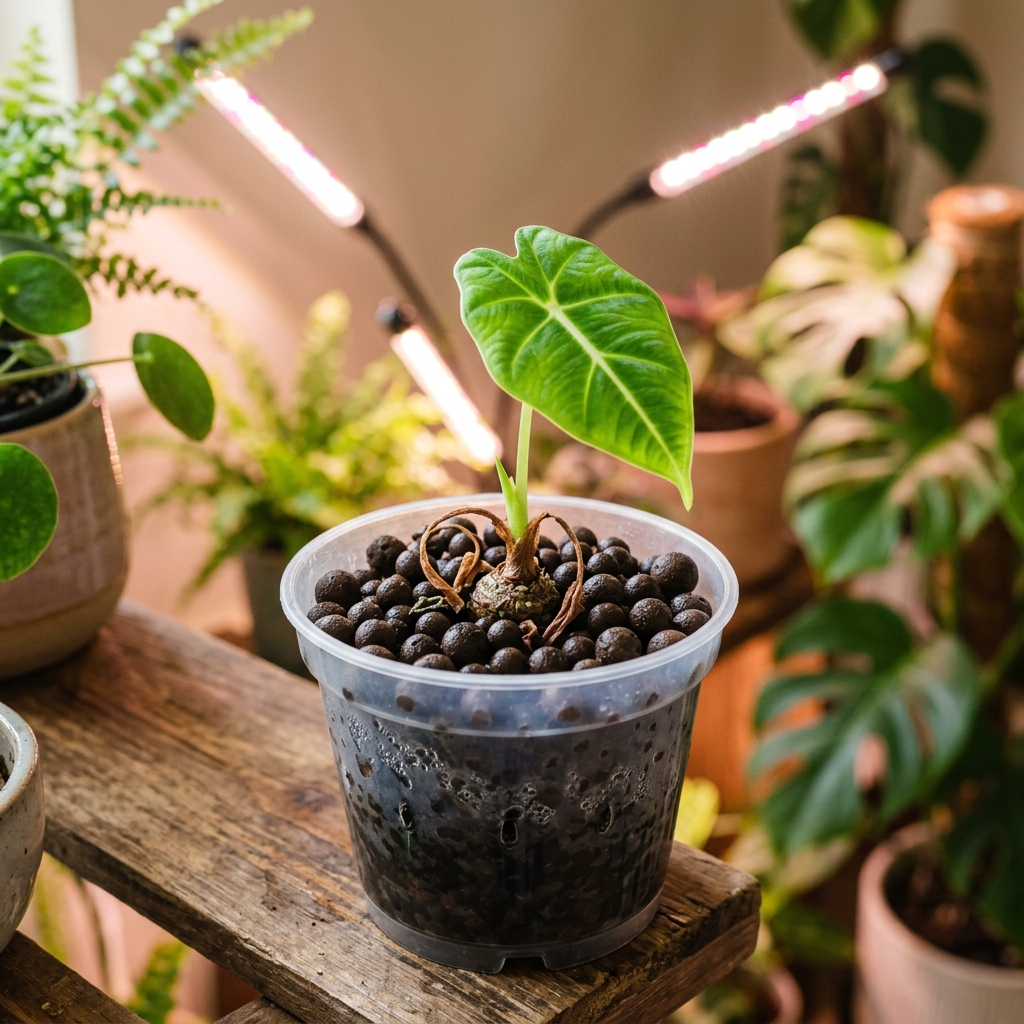 Baby Alocasia Frydek plantlet with velvety leaves growing from a corm in a clear plastic pot with dark Stratum substrate, showing a new leaf alongside old melted stems