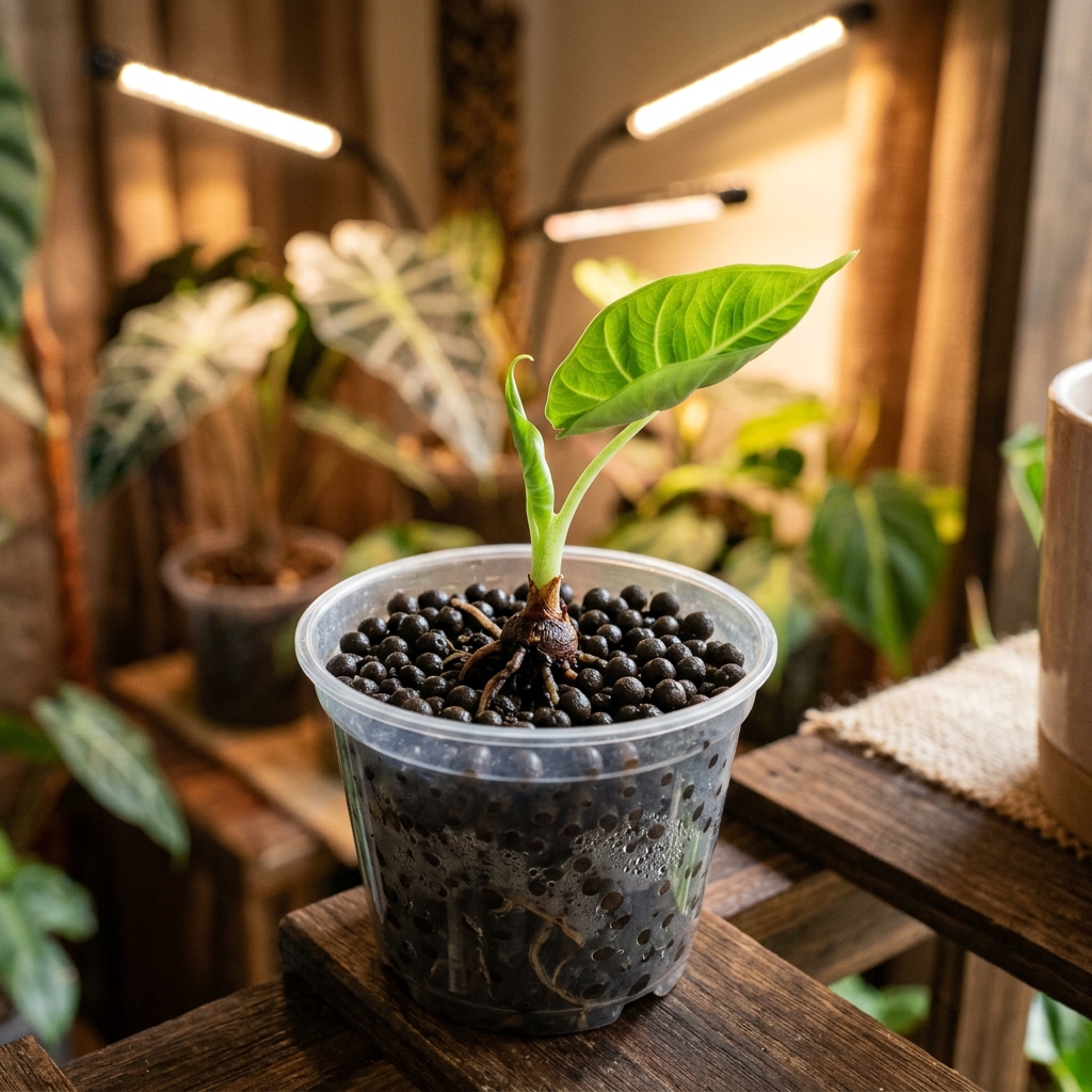 A single new bright green adaptive leaf uncurling from an Alocasia corm inside a clear plastic pot with Fluval Stratum