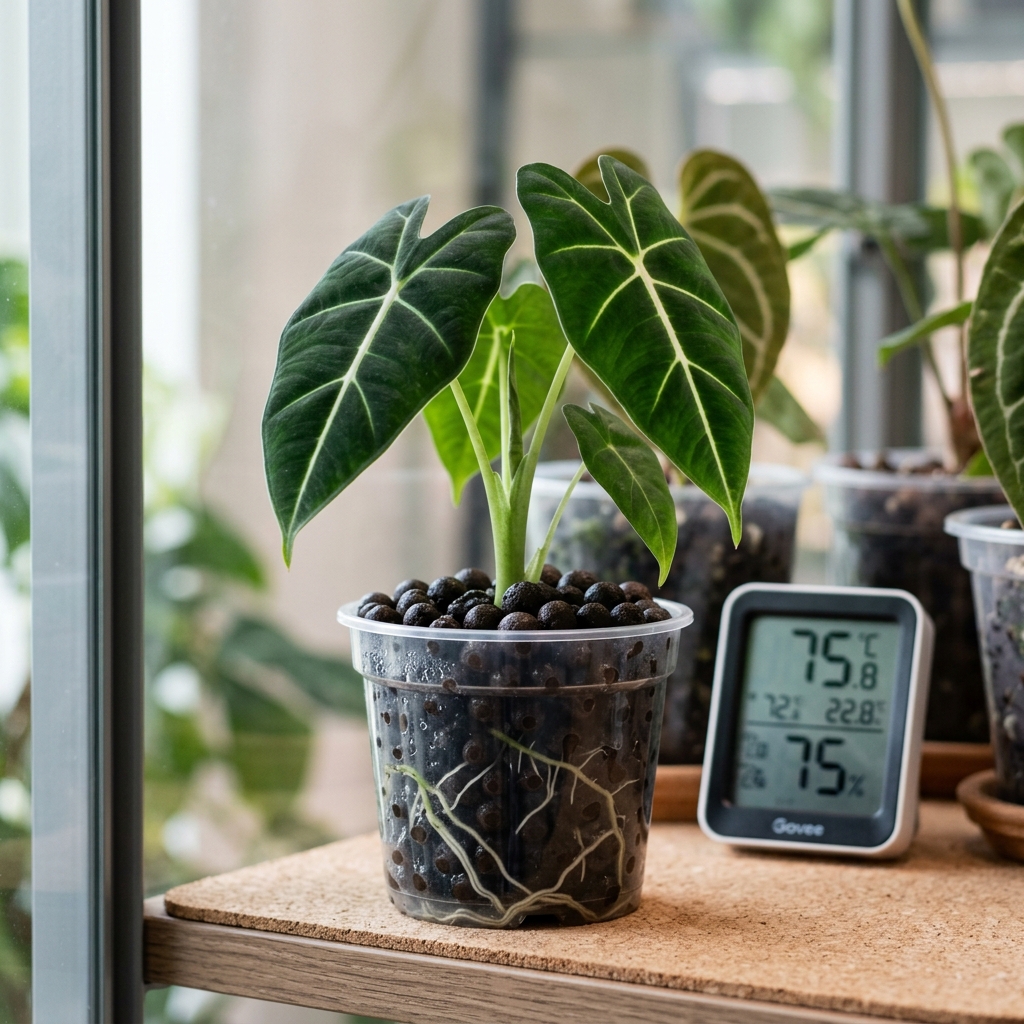 Alocasia Frydek plantlet in clear plastic pot with Fluval Stratum substrate, sitting uncovered next to a hygrometer reading 75%