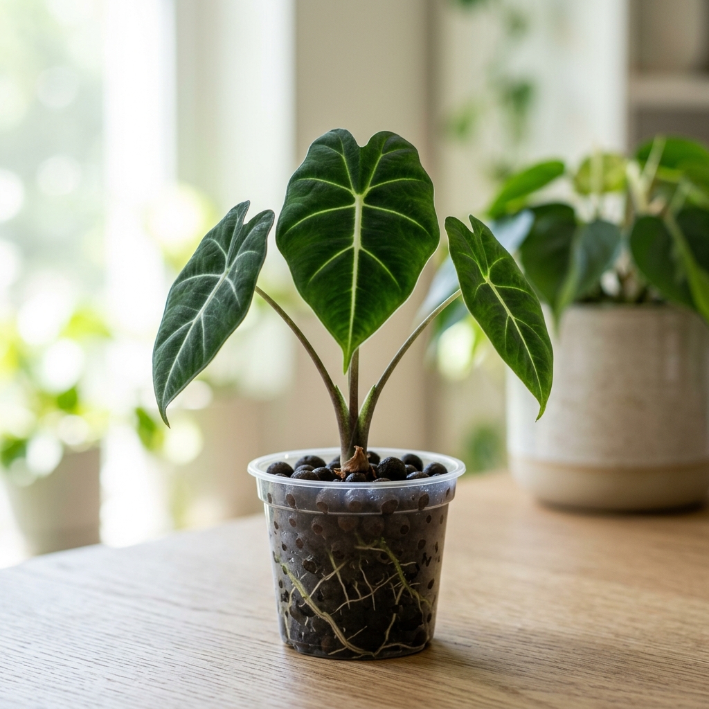 Baby Alocasia Frydek plantlet with velvety leaves in a clear plastic pot showing roots and dark Stratum substrate, completely uncovered