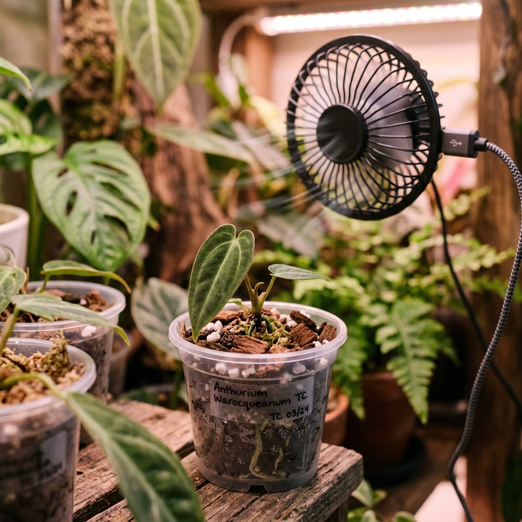 Anthurium Warocqueanum growing in a clear plastic pot with chunky bark and moss mix, with a small USB fan blowing nearby