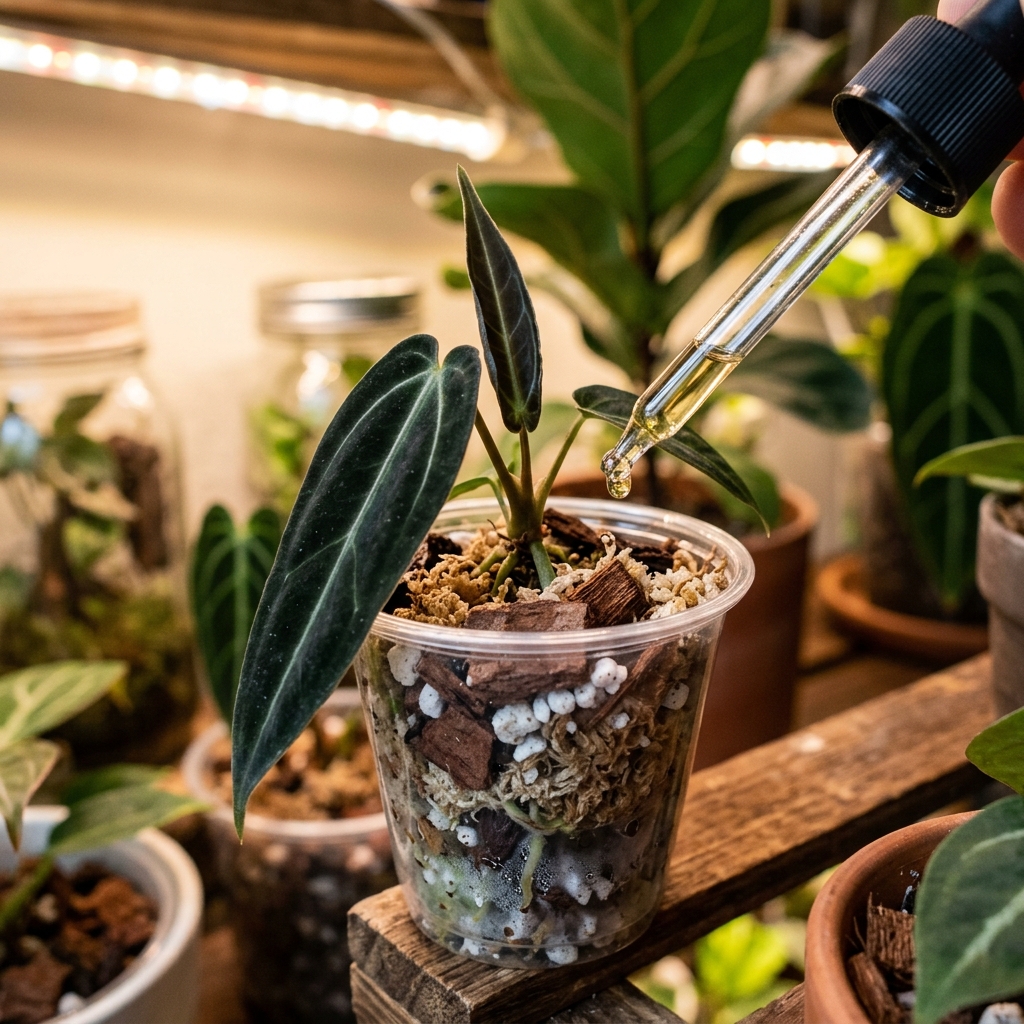 Baby Anthurium Warocqueanum showing long velvety leaves in a clear plastic pot with bark, moss, and perlite mix, being fertilized