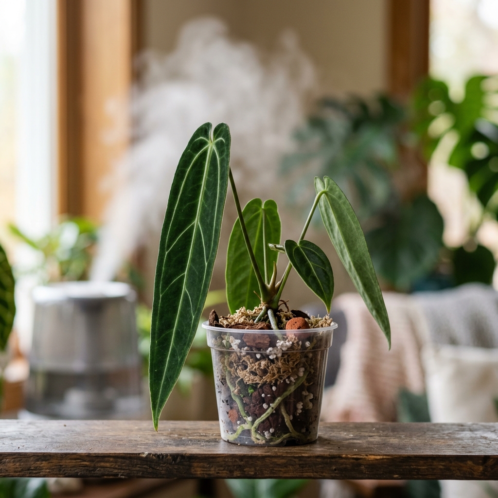 Baby Anthurium Warocqueanum in a clear plastic pot showing roots in chunky mix, completely uncovered, near a humidifier
