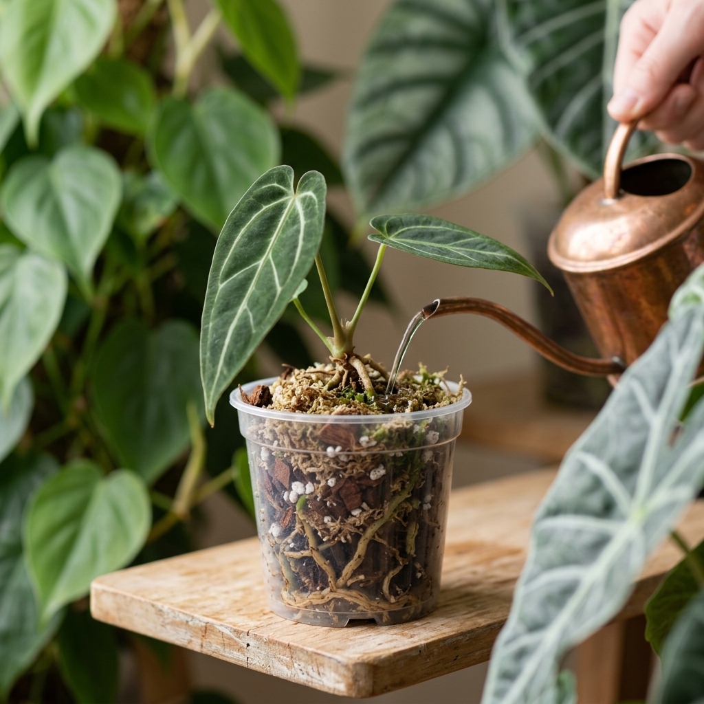 Anthurium Warocqueanum with dark velvety leaves in a clear plastic pot showing thick roots in orchid bark mix, being watered gently