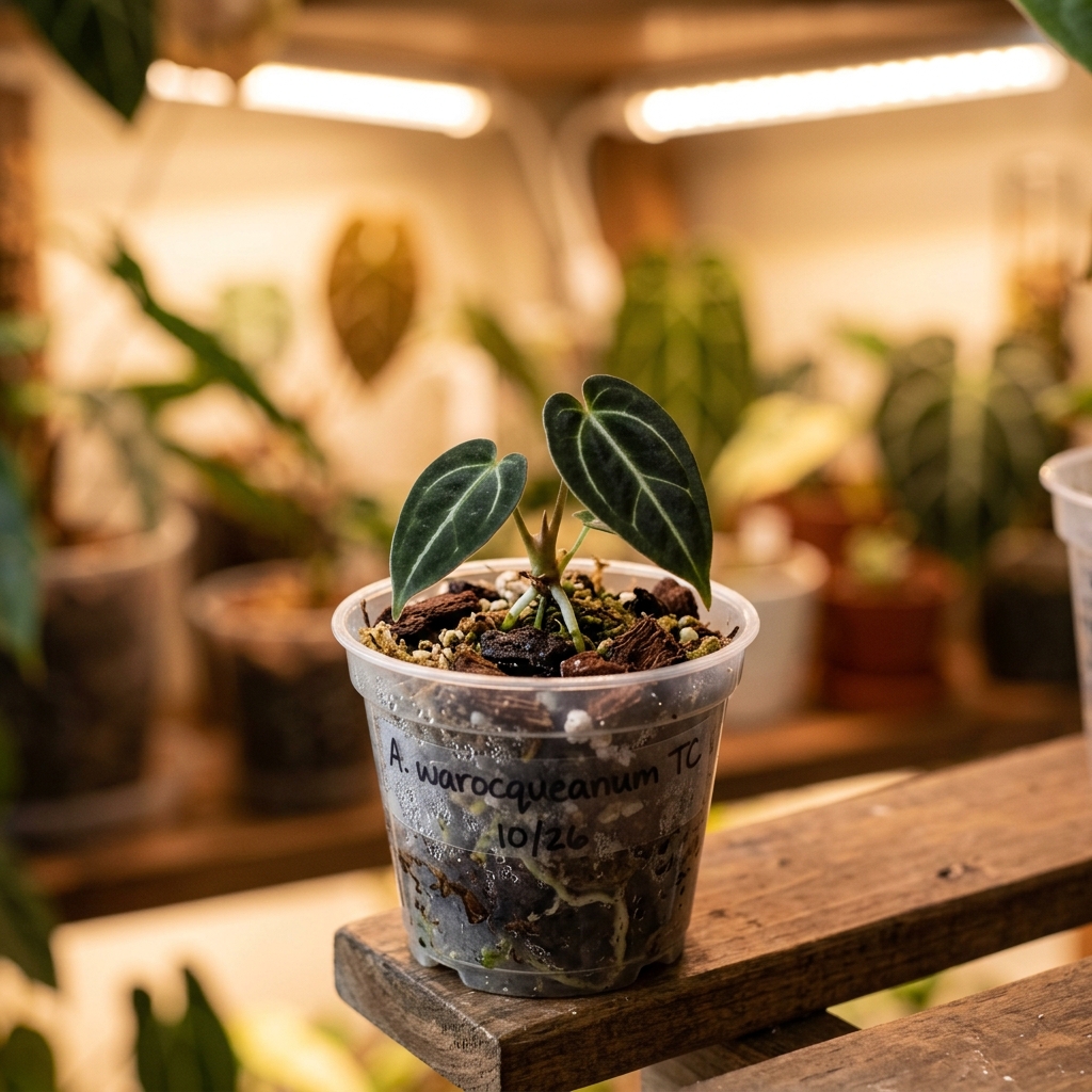 Baby Anthurium Warocqueanum with dark velvety leaves growing in a chunky bark, moss, and perlite mix inside a clear plastic pot