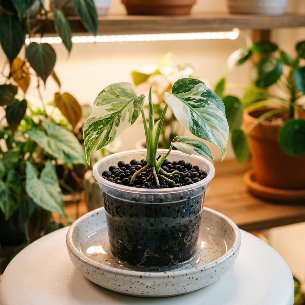 Variegated Monstera plantlet in a clear plastic pot filled with dark spherical Fluval Stratum mix, sitting in a shallow dish for bottom-watering