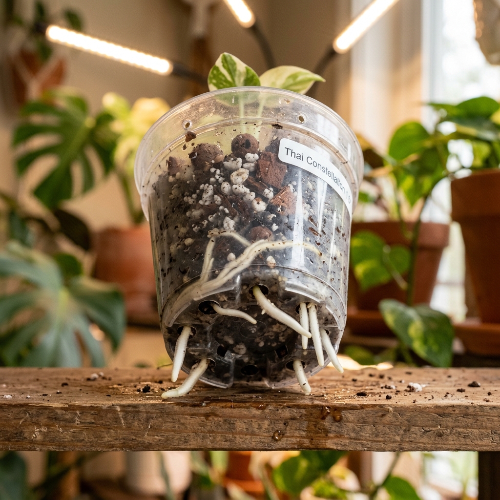 Baby variegated Monstera Thai Constellation plantlet in a clear plastic pot showing roots actively poking through the drainage holes at the base of the pot, in a highly aerated potting mix
