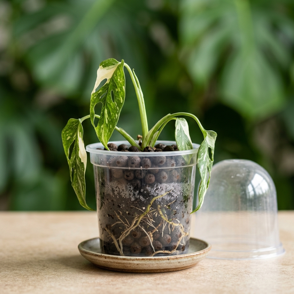 Slightly drooping variegated Monstera Thai Constellation plantlet inside a clear plastic pot showing dark spherical Fluval Stratum and perlite mix, with the dome removed