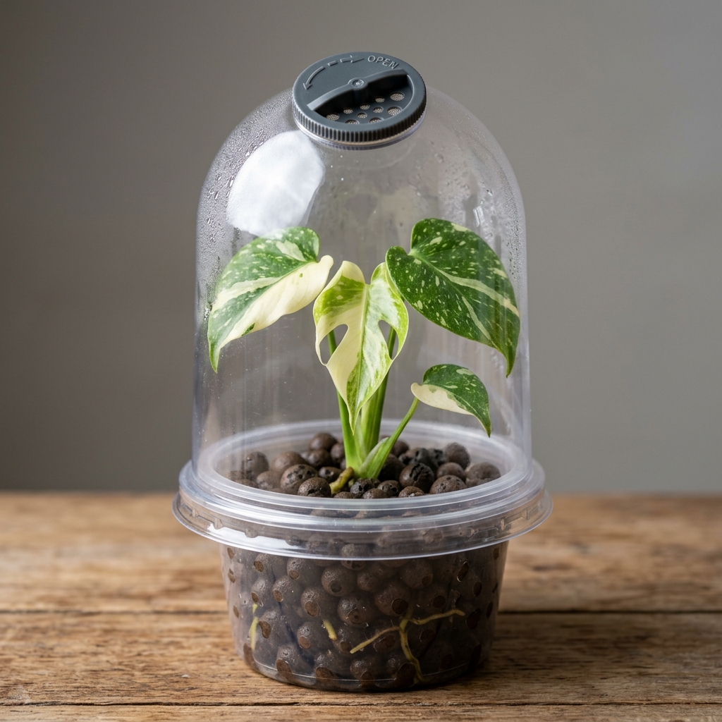 Baby variegated Monstera Thai Constellation plantlet under a clear humidity dome with vents open, in a clear plastic pot showing Fluval Stratum mix