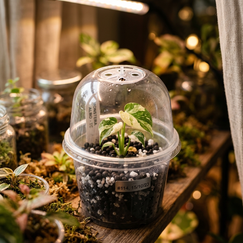 Monstera plantlet inside a clear plastic pot with dark spherical Fluval Stratum mix, under a tightly fitted clear humidity dome with vents open