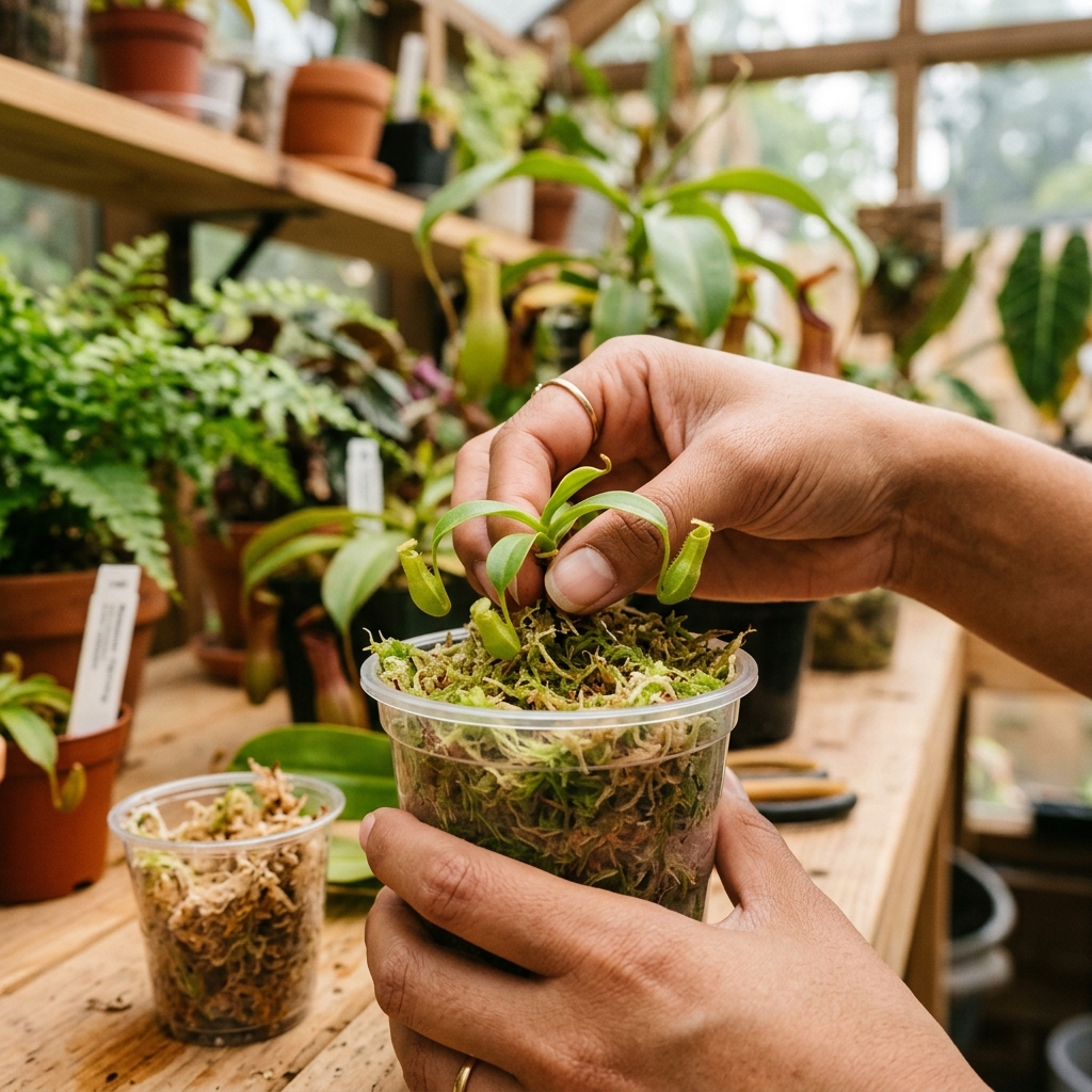 Gently transplanting a baby Nepenthes pitcher plantlet into a larger clear plastic pot filled with fresh long-fiber sphagnum moss