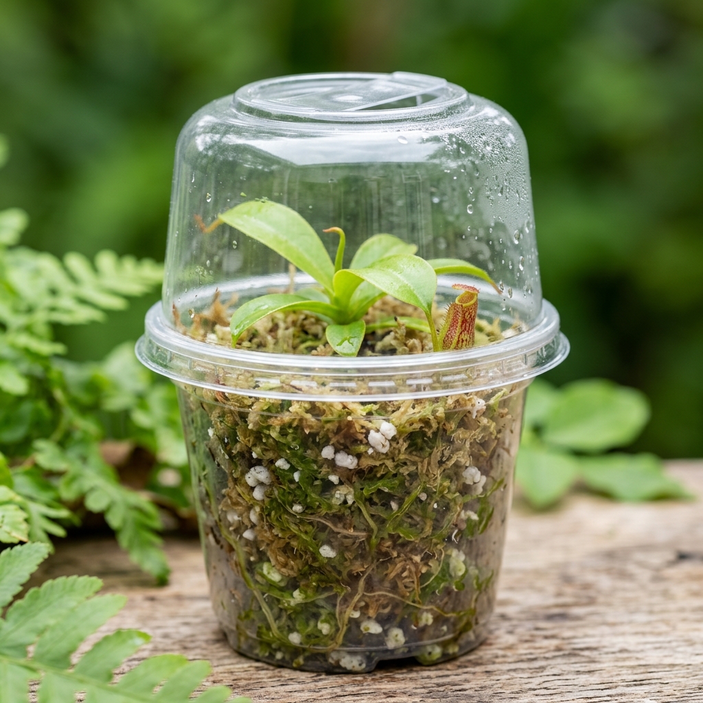 Baby Nepenthes pitcher plantlet in a clear plastic pot with sphagnum moss, under a clear dome with a small ventilation opening