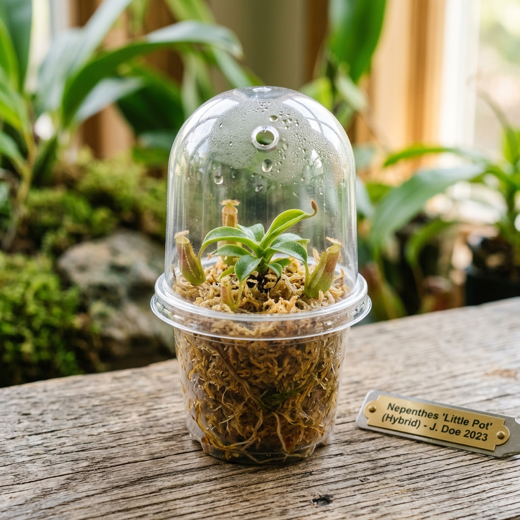 Baby Nepenthes pitcher plantlet in a clear plastic pot with sphagnum moss under a dome with a wide ventilation opening
