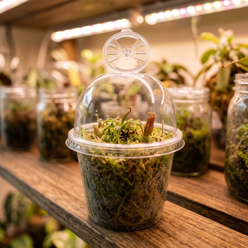 Baby Nepenthes pitcher plantlet under a clear humidity dome with vents fully open, in a clear plastic pot with sphagnum moss
