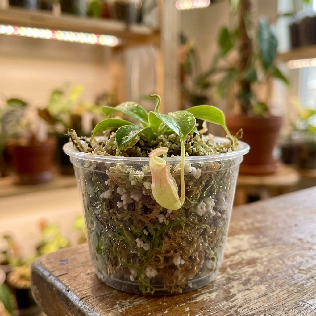 Tiny Nepenthes pitcher plantlet in a clear plastic pot showing a developing pitcher growing in damp sphagnum moss and perlite