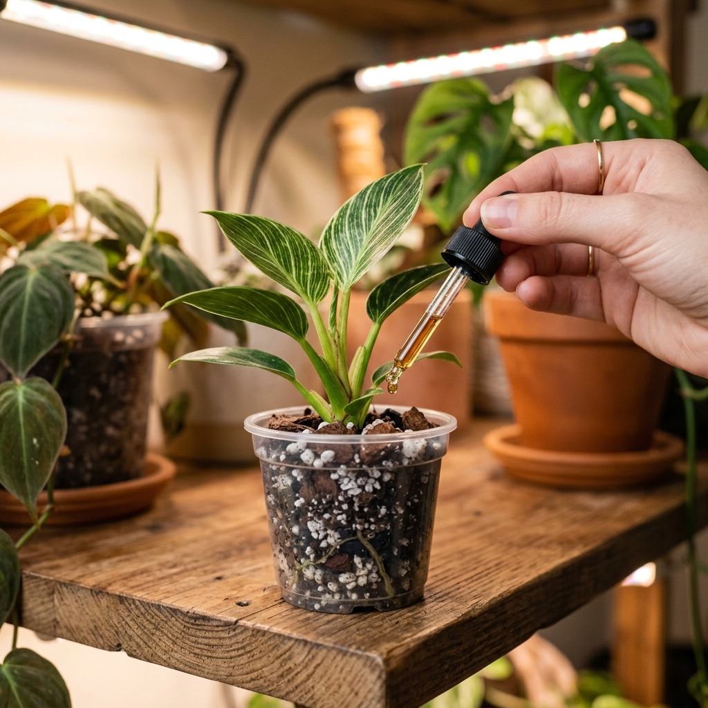 Baby Philodendron Birkin in a clear plastic pot showing roots and chunky aroid mix, being fertilized with a diluted liquid fertilizer