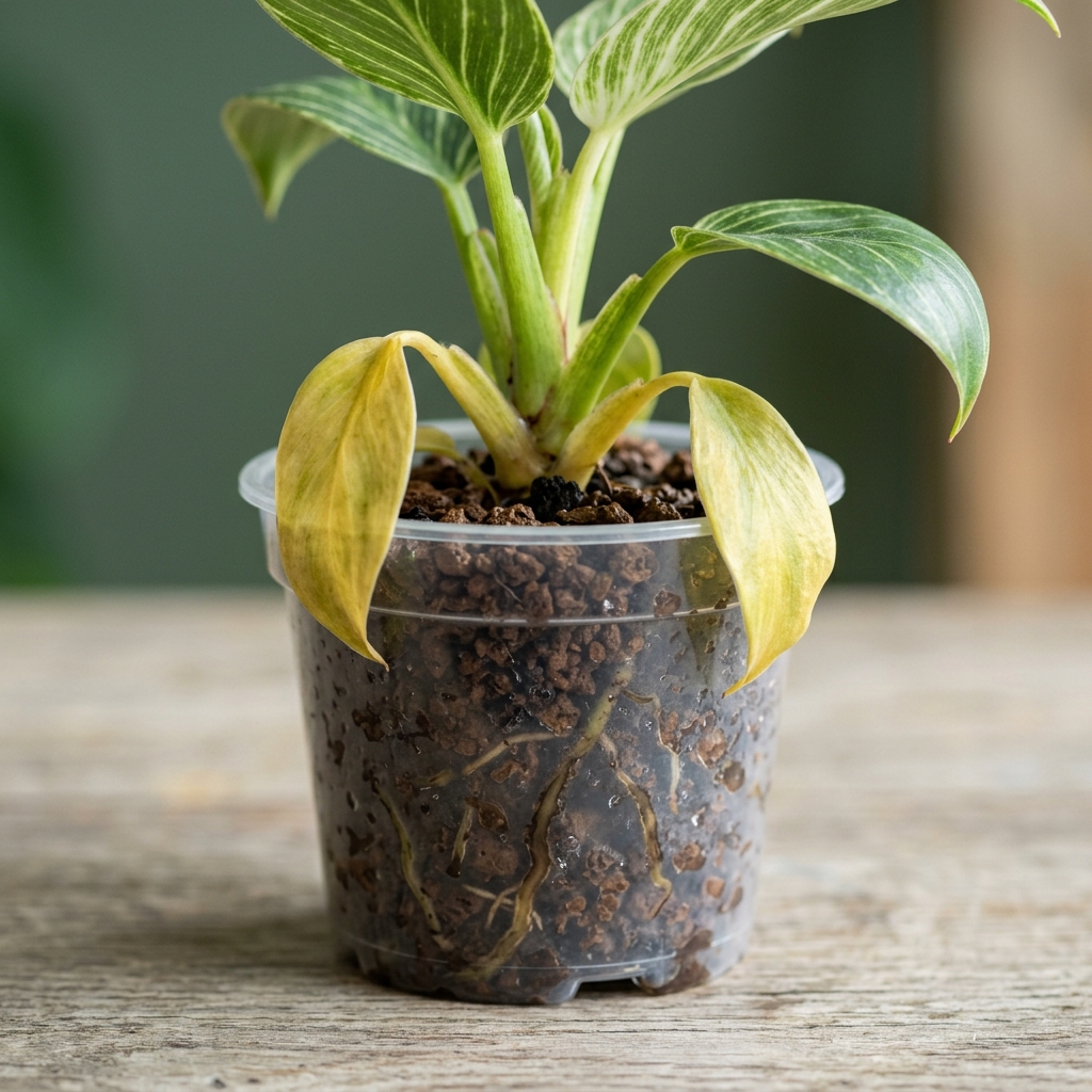 Philodendron plantlet with yellowing lower leaves in a clear plastic pot, showing dark soggy substrate and roots through the side