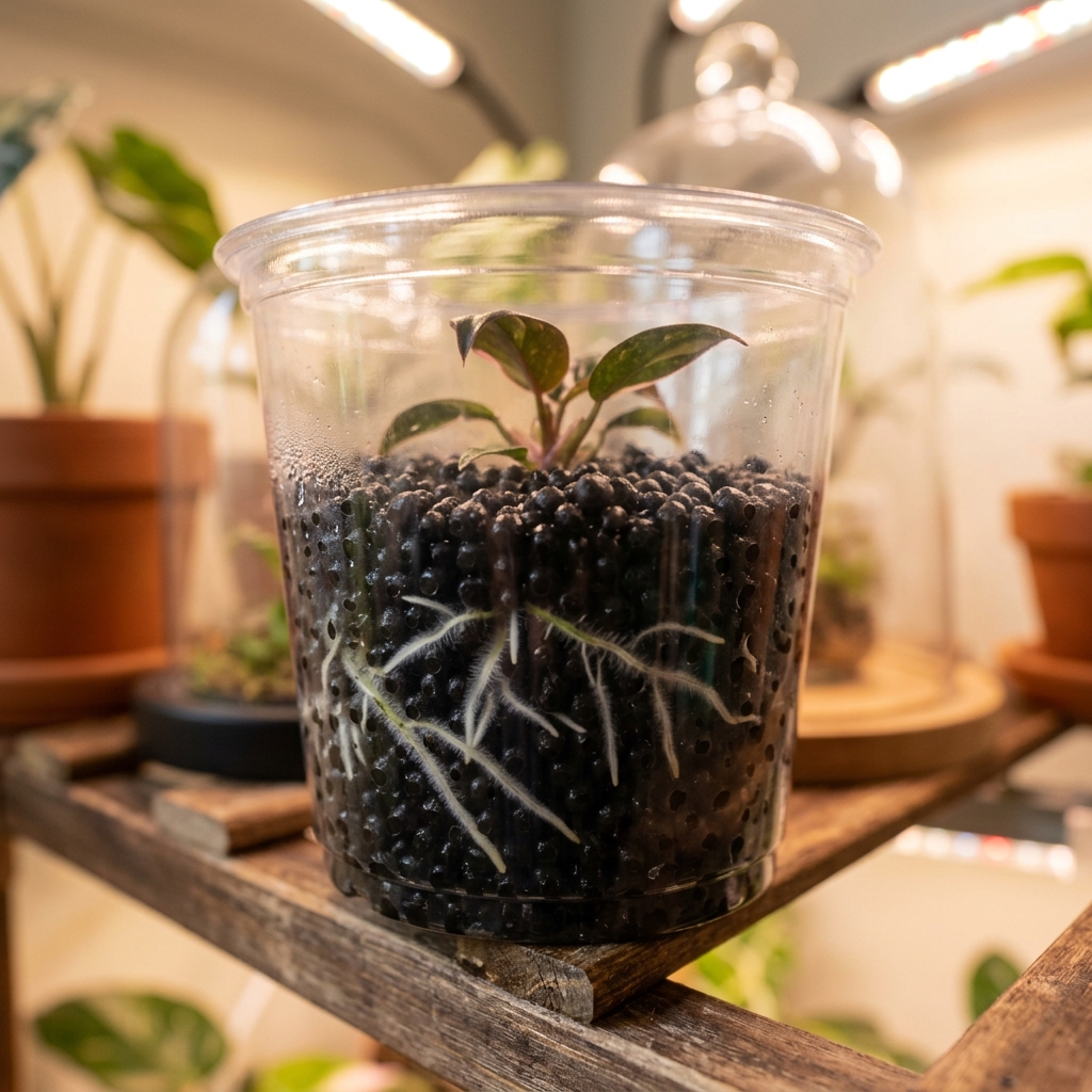 Fuzzy white ex vitro roots growing through dark spherical Fluval Stratum mix, visible through the transparent side of a clear plastic pot
