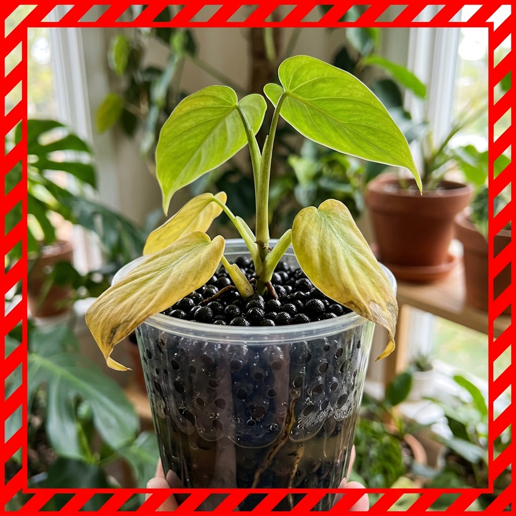 Philodendron plantlet with yellowing lower leaves in a clear plastic pot filled with soggy Fluval Stratum mix