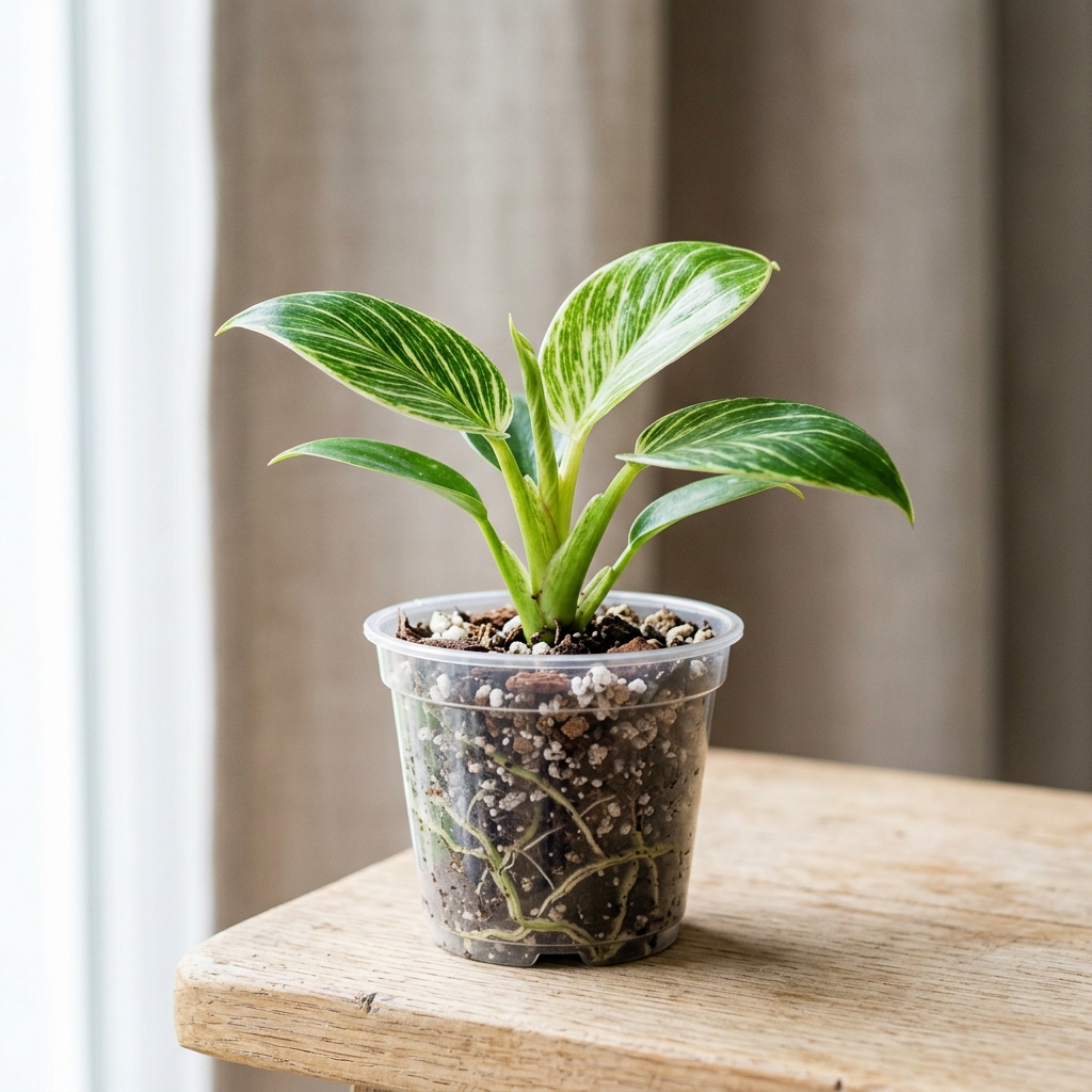 Baby Philodendron Birkin in a clear plastic pot showing roots and well-draining soil mix, completely uncovered
