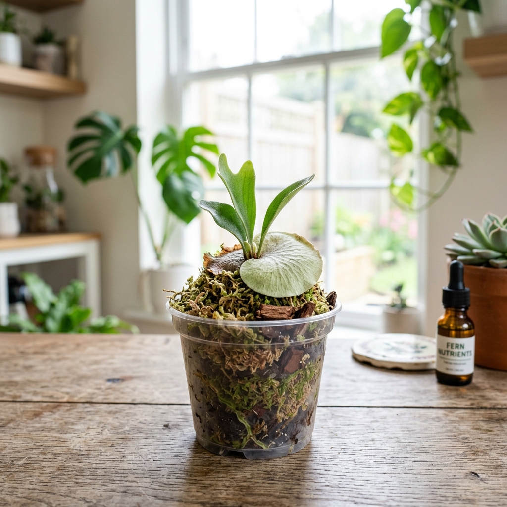 Baby Platycerium staghorn fern growing in moss/bark mix inside a clear plastic pot, completely uncovered to allow basal shield drying