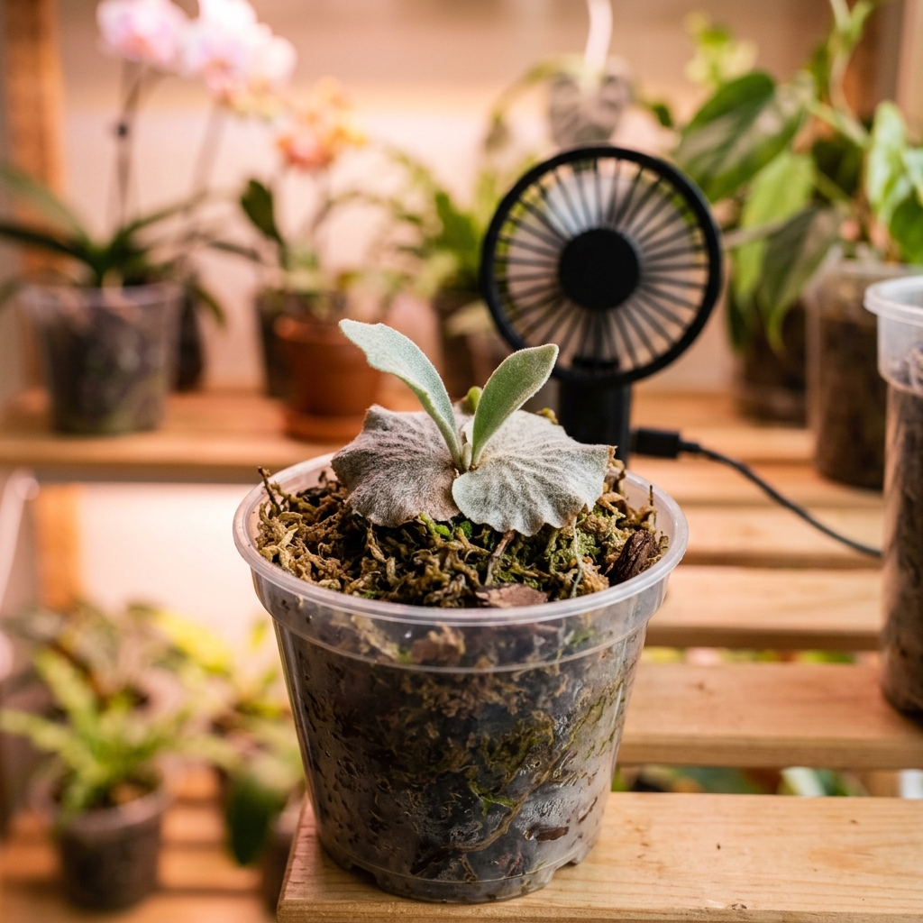 Baby Platycerium staghorn fern completely uncovered to allow airflow, showing a fuzzy, dry, silver-gray shield frond in a clear plastic pot