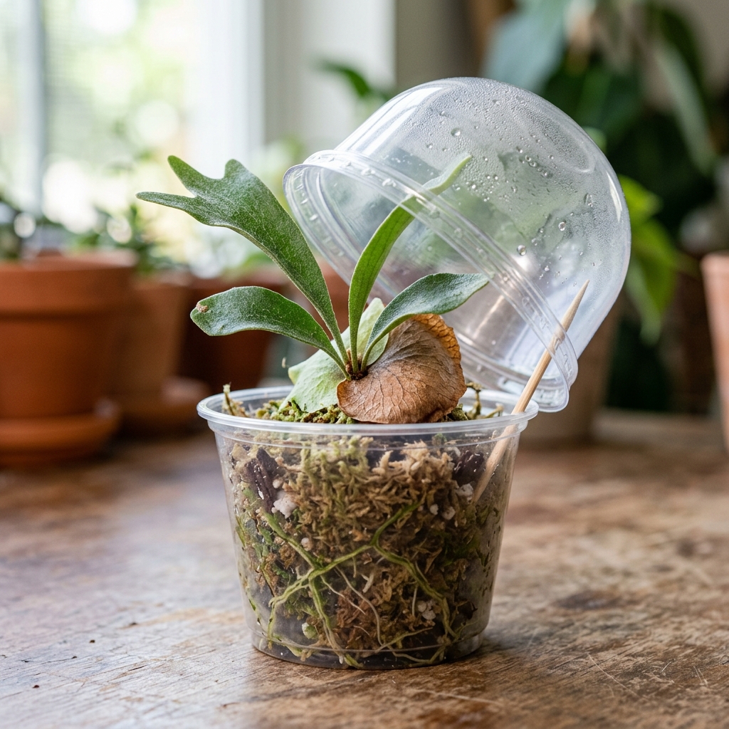 Baby Platycerium staghorn fern in a clear plastic pot, with a single clear humidity dome propped open using a toothpick