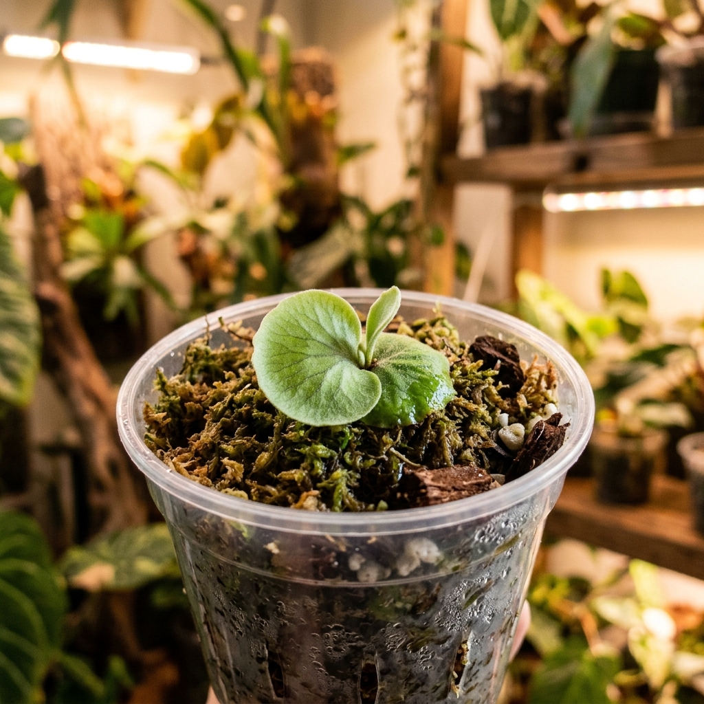 Platycerium staghorn fern with a round shield frond growing against moss and bark substrate in a clear plastic pot