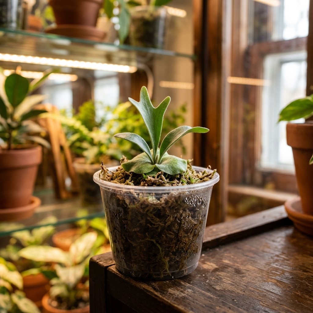 Baby Platycerium staghorn fern growing in damp moss inside a clear plastic pot with the dome removed for airflow