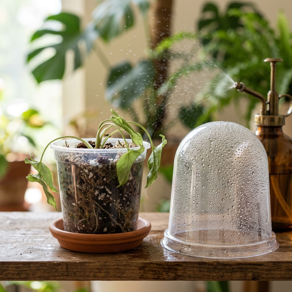 Drooping Syngonium plantlet in a clear plastic pot, next to a removed humidity dome being misted
