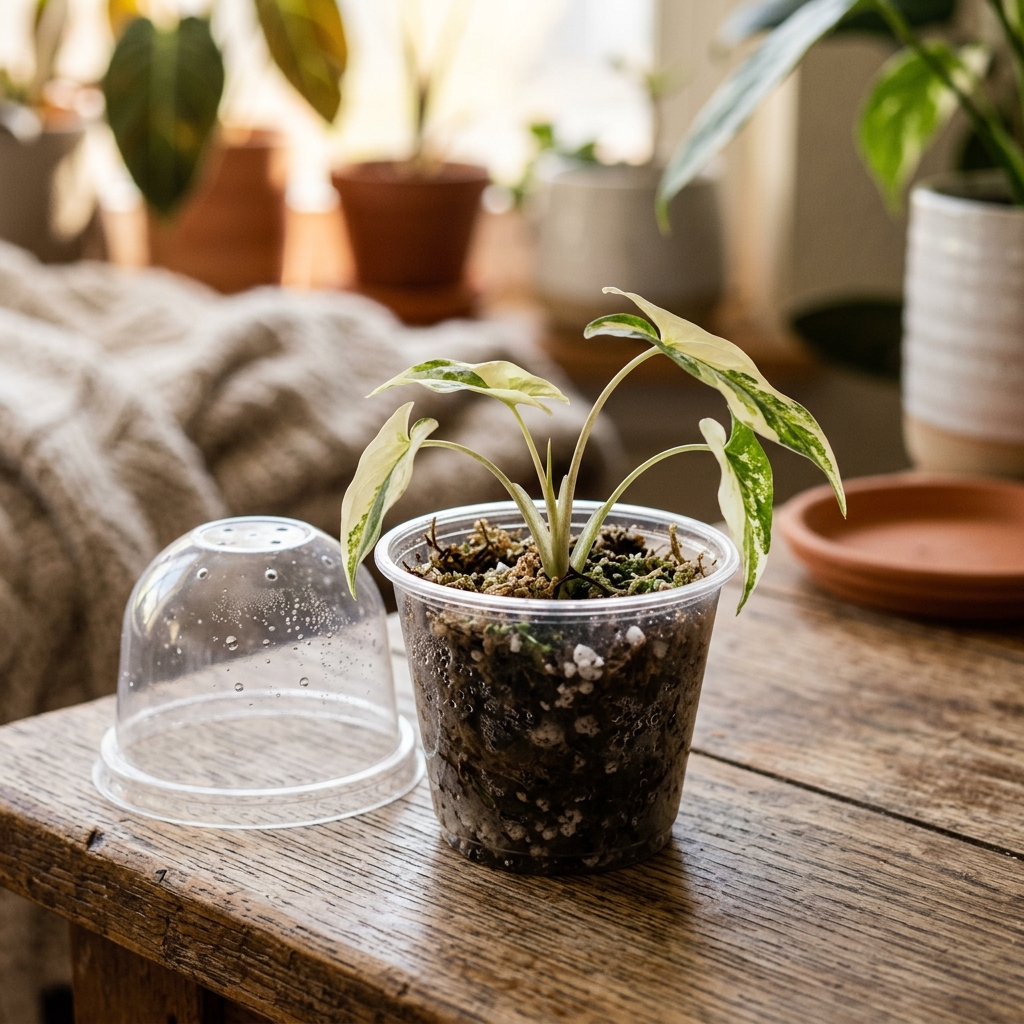 Baby Syngonium plantlet with drooping variegated leaves in a clear plastic pot, next to a removed humidity dome
