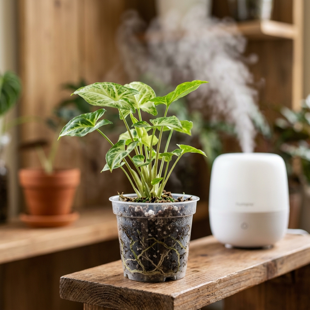 Baby Syngonium in a clear plastic pot, completely uncovered, next to a room humidifier releasing mist
