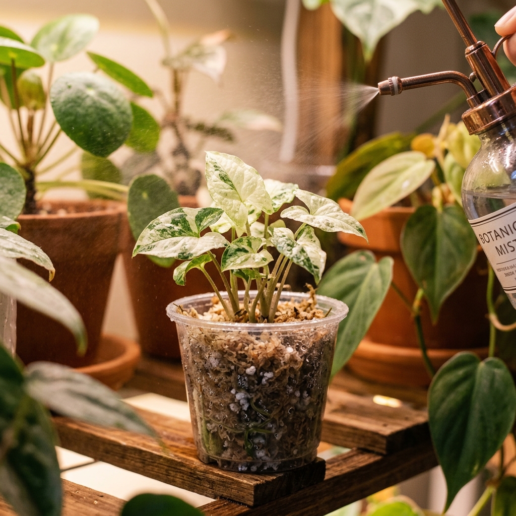 Gently misting a baby Syngonium plantlet in a clear plastic pot with damp peat and perlite substrate
