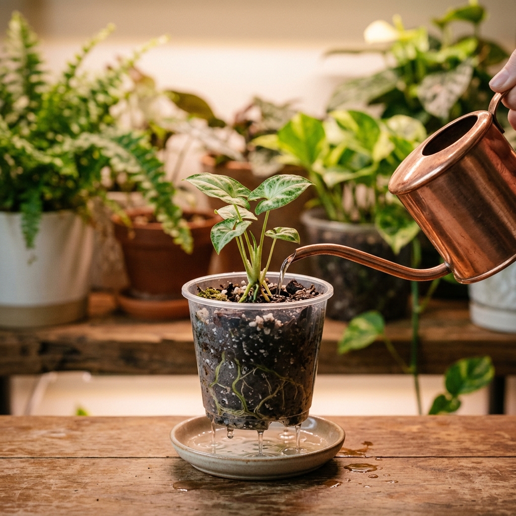 Baby Syngonium in a clear plastic pot being watered thoroughly with water draining out of the base drainage holes