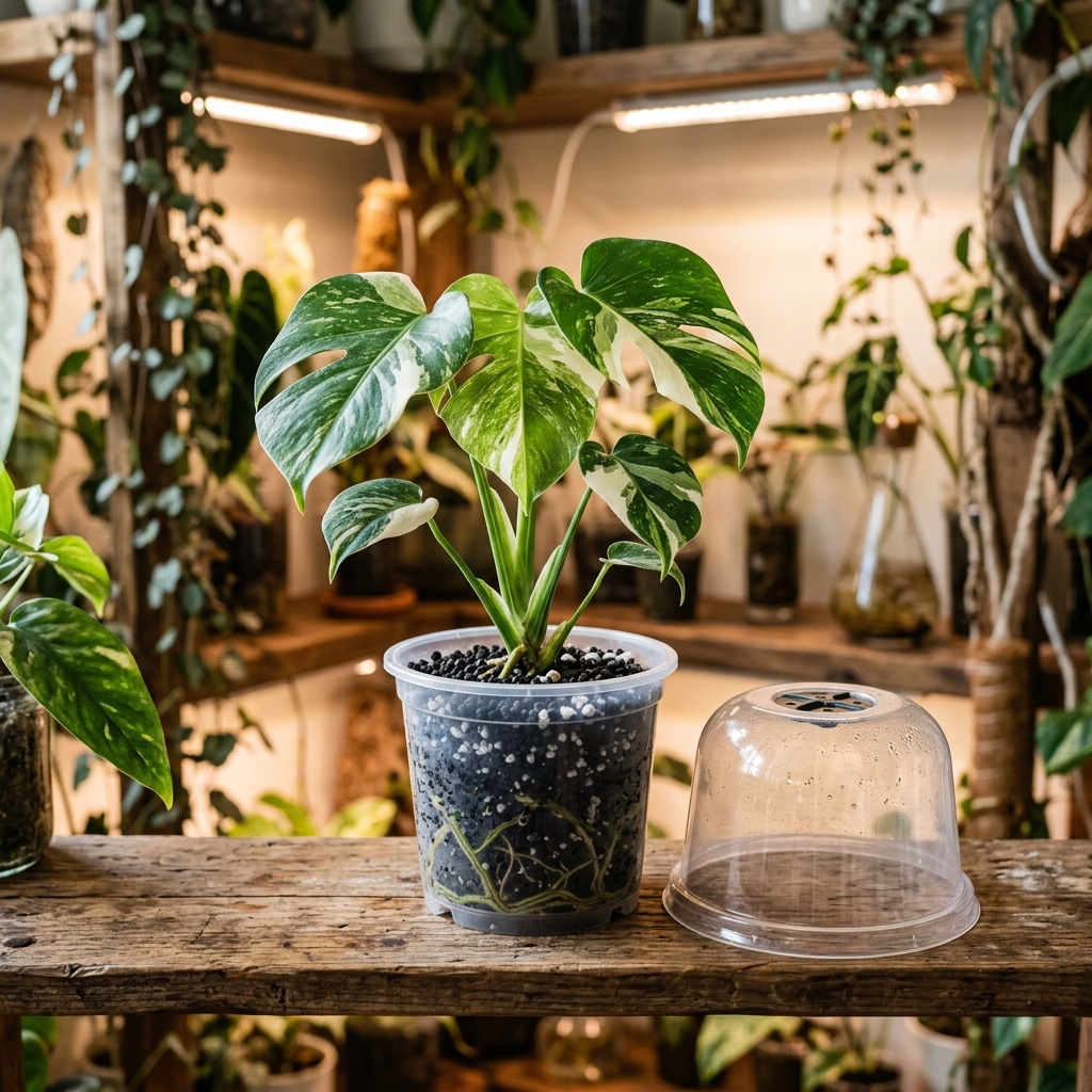 Monstera plantlet in clear pot with humidity dome sitting next to it
