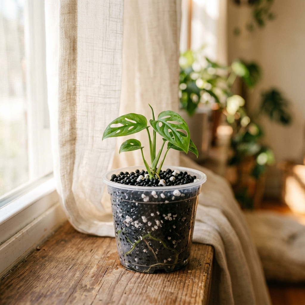 Tissue culture plant on a windowsill filtered by a sheer white curtain