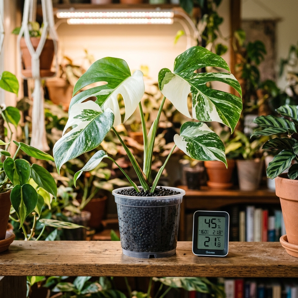 Variegated Monstera fully hardened in clear pot without dome next to digital hygrometer reading 45%