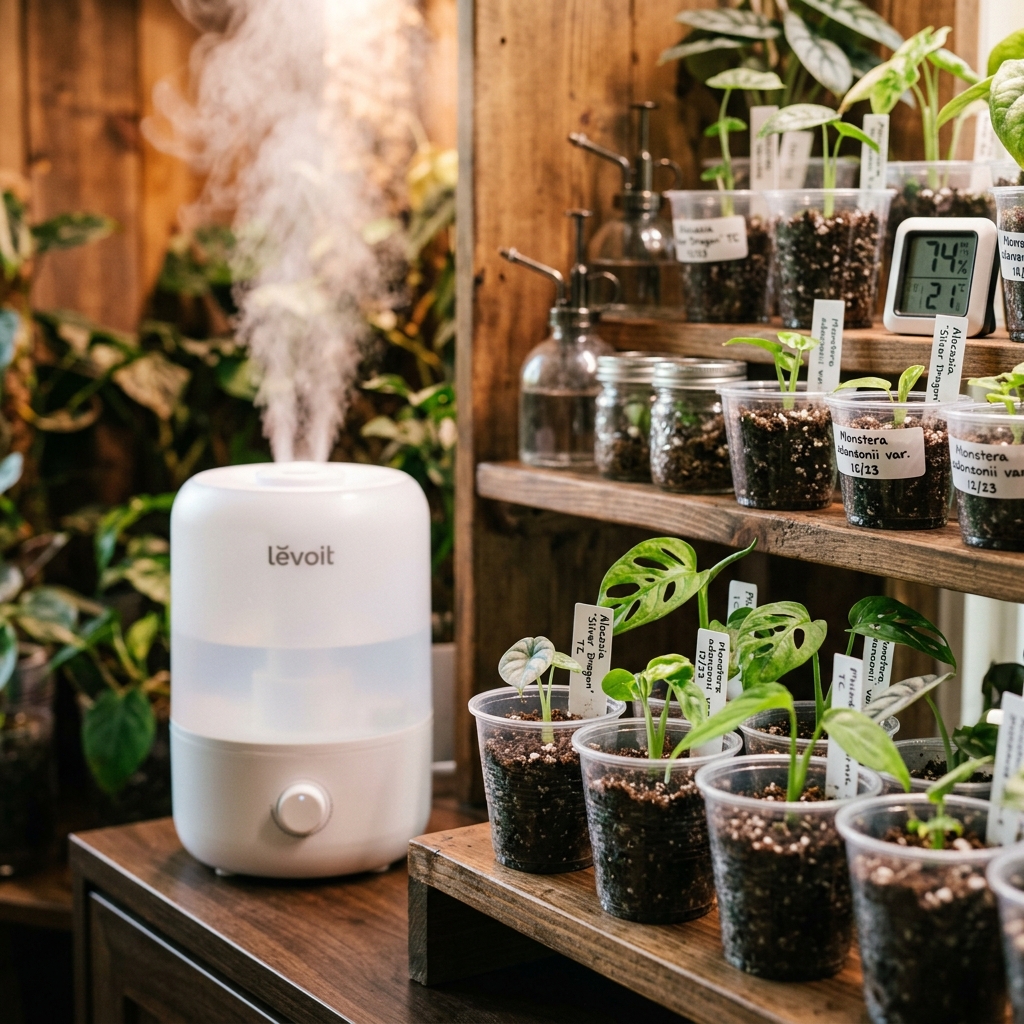  ultrasonic room humidifier releasing mist near shelves of plantlets in clear pots