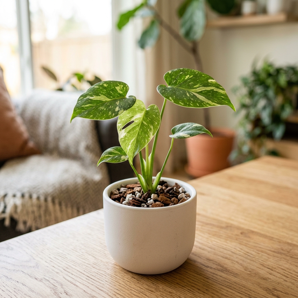 Fully acclimated variegated Monstera Thai Constellation in a modern white ceramic pot on a shelf