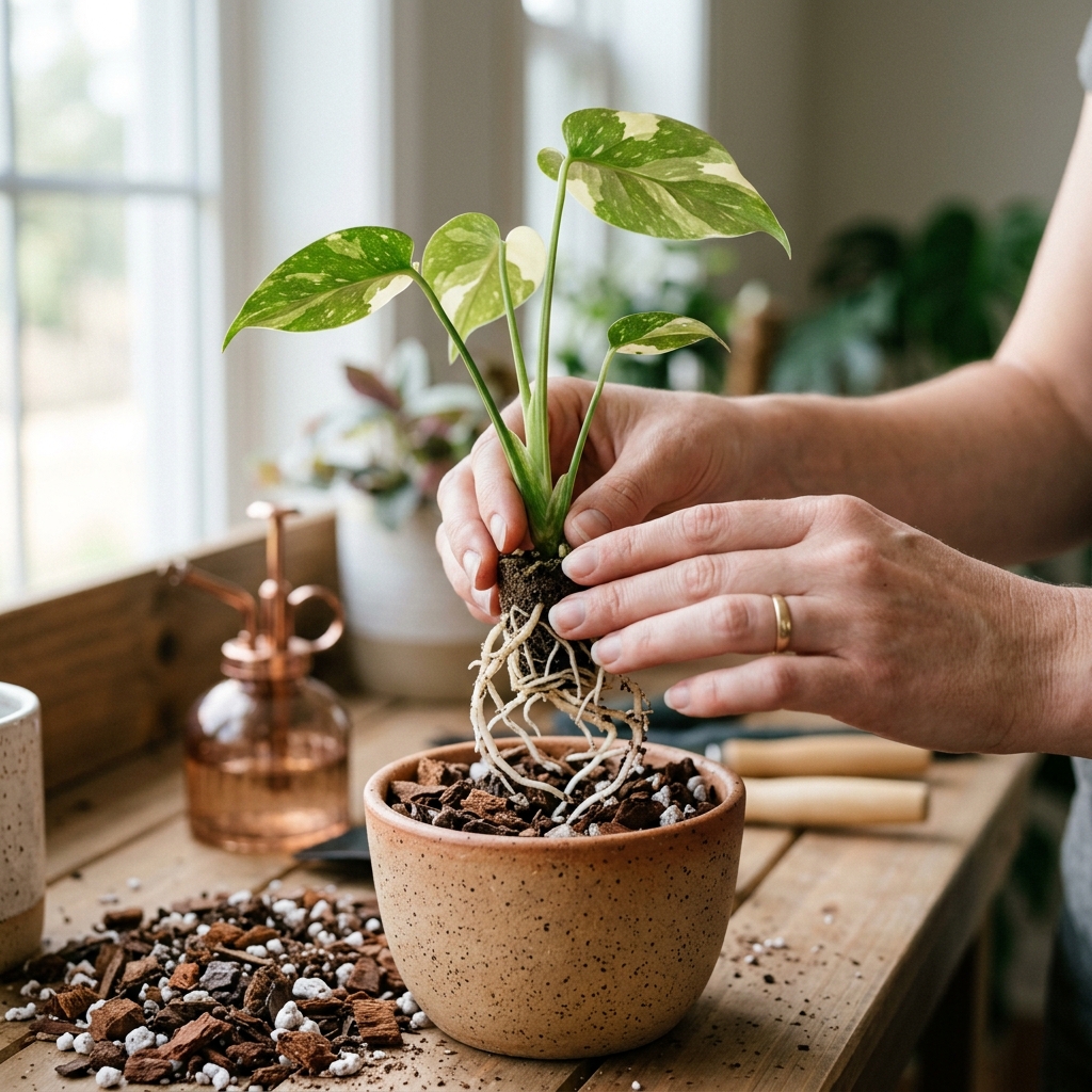 A healthy acclimated houseplant with visible white roots being gently repotted into a ceramic pot with soil mix
