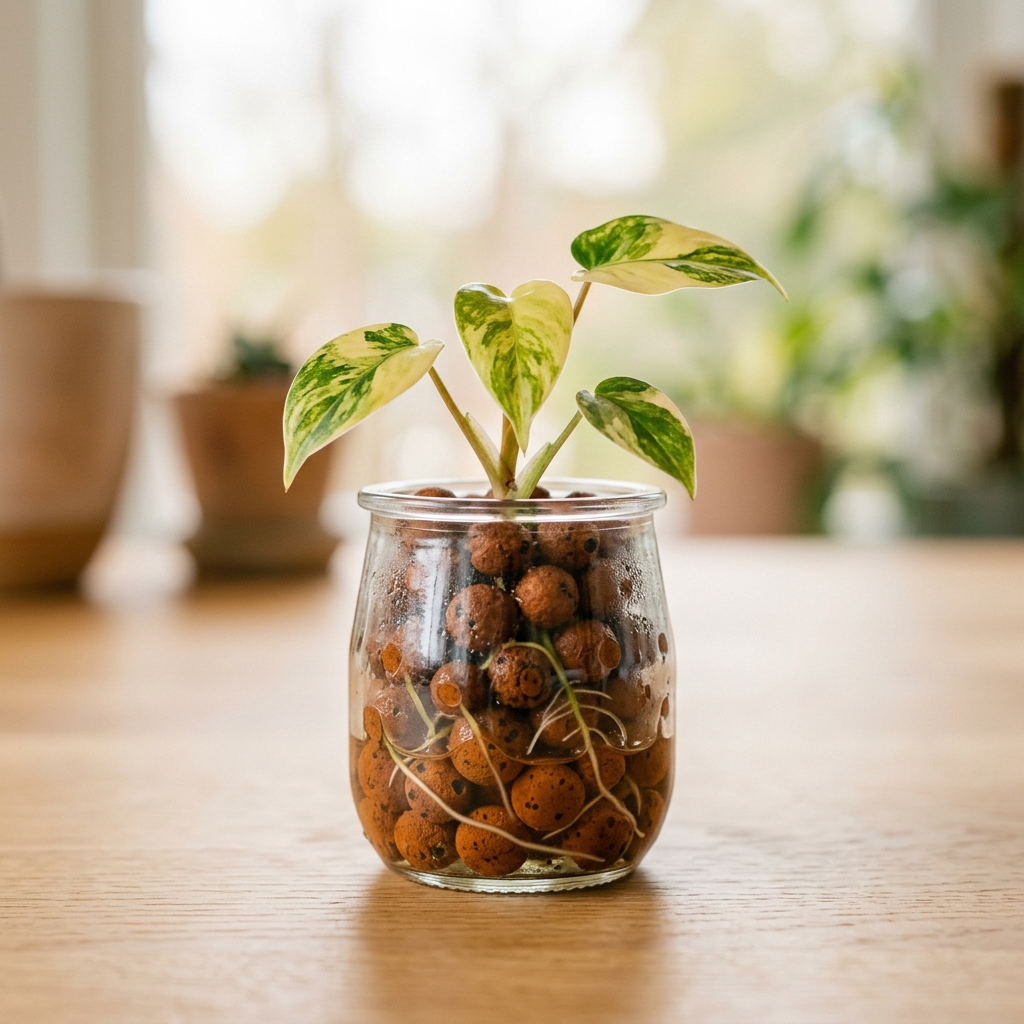 A baby variegated plantlet growing inside a small glass jar filled with round LECA pebbles